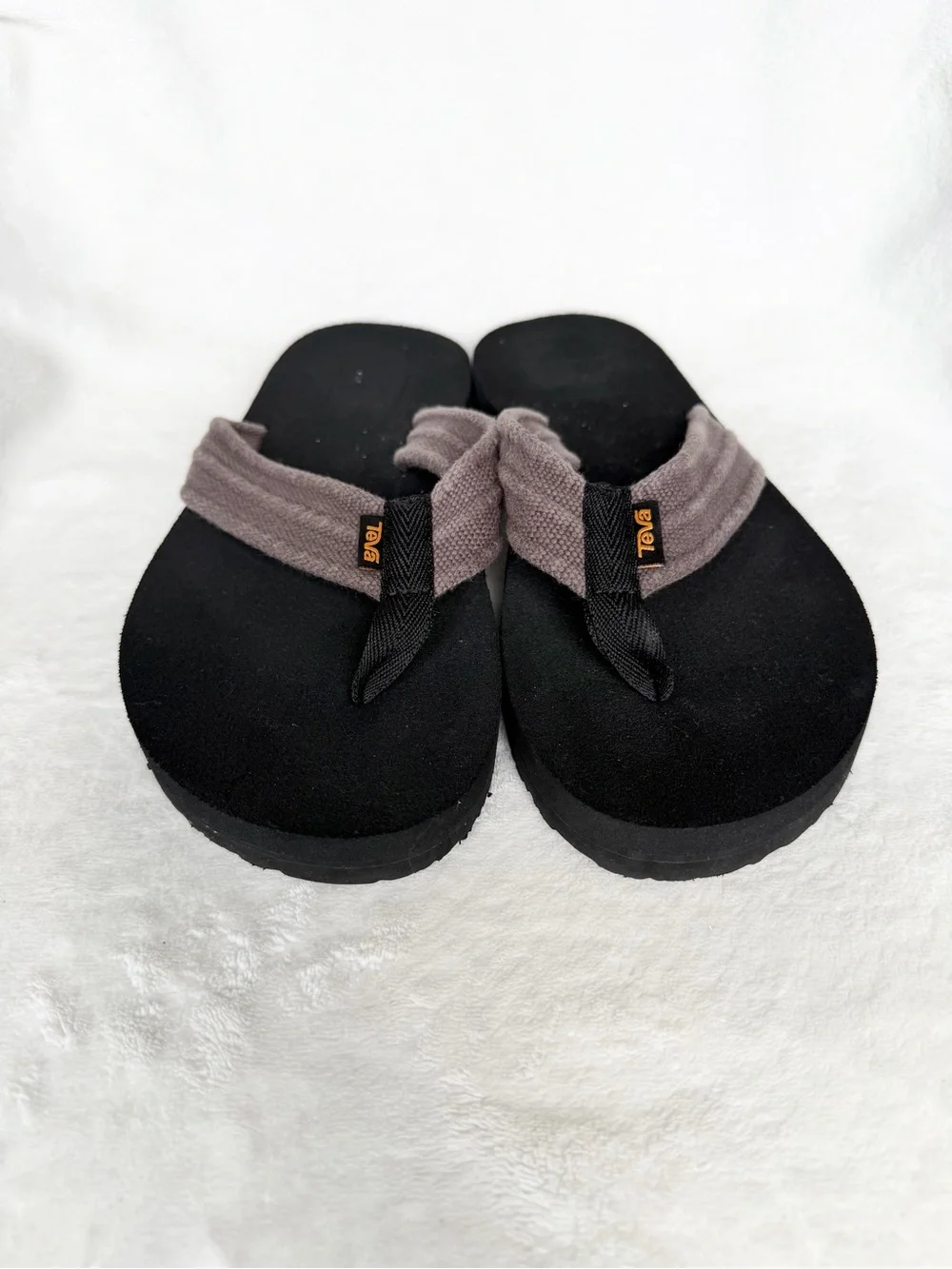 Teva Mush II Canvas Men’s Black Flip Flop Sandals with Taupe Straps Size 7